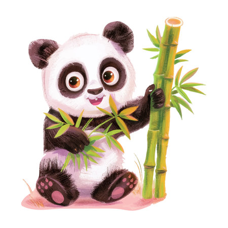 Cute panda with bamboo isolated on white background. Vector illustration.のイラスト素材