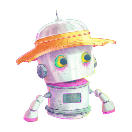 Illustration of a cute robot with a hat on a white backgroundのイラスト素材