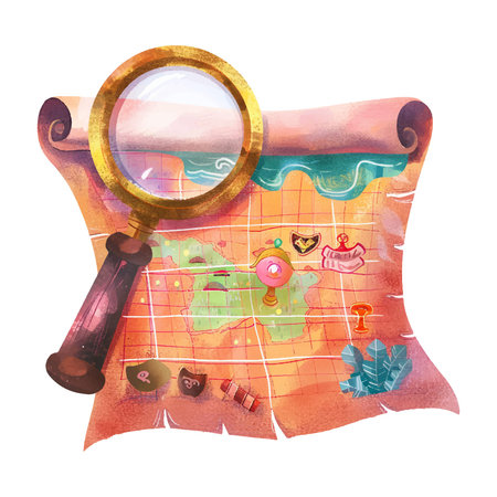 Watercolor map with magnifying glass. Hand drawn vector illustration.のイラスト素材