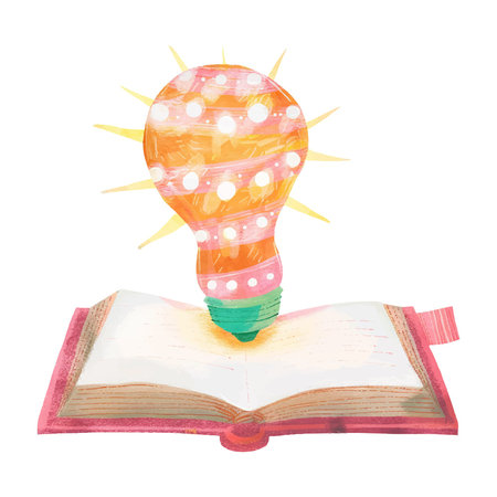 Watercolor illustration of a lightbulb coming out of an open bookのイラスト素材