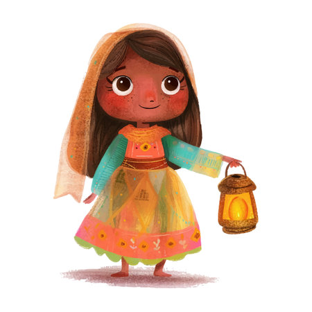 cartoon scene with little girl with lantern on white background - illustration for childrenのイラスト素材