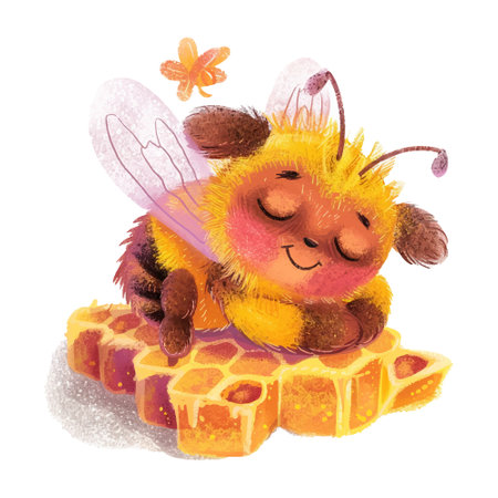 Illustration of a cute cartoon bee sleeping on honeycombs.のイラスト素材