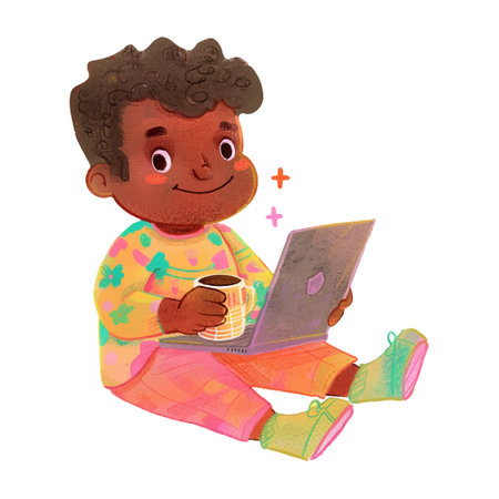 Illustration of a Cute Little African American Girl Using a Laptopのイラスト素材