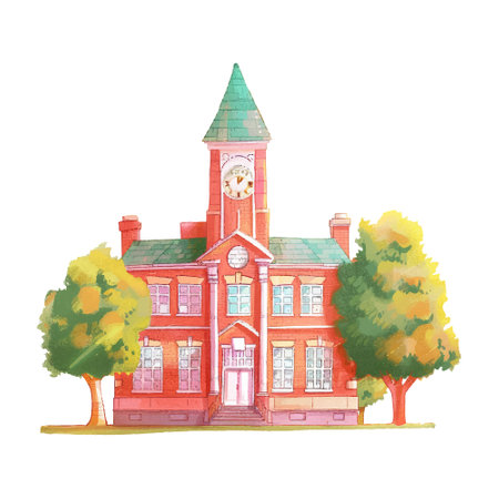 Watercolor school building on a white background. Vector illustration for your designのイラスト素材