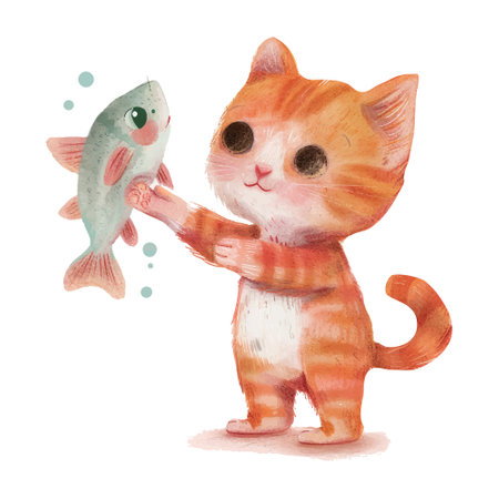Cute cat and fish. Watercolor illustration on white background.のイラスト素材