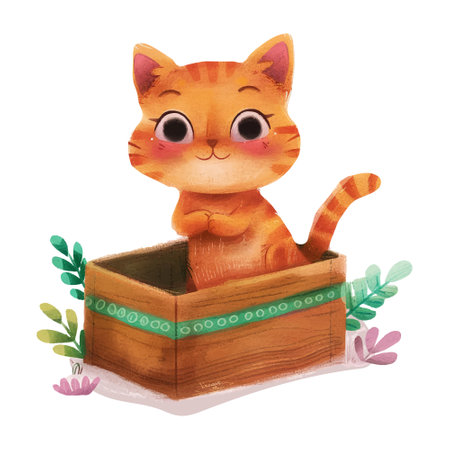 Cute red cat sitting in a wooden box. Watercolor illustration.のイラスト素材