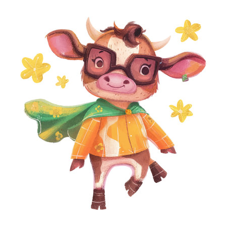 Watercolor illustration of a cute cow in a superhero costume. Isolated on white background.のイラスト素材