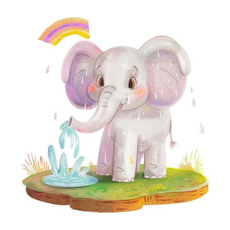 Watercolor cute elephant with rainbow on the island. Hand drawn illustrationのイラスト素材