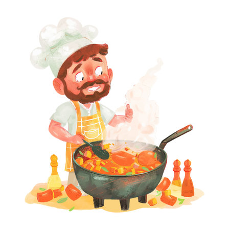 Chef with a pan of stewed vegetables. Watercolor illustrationのイラスト素材