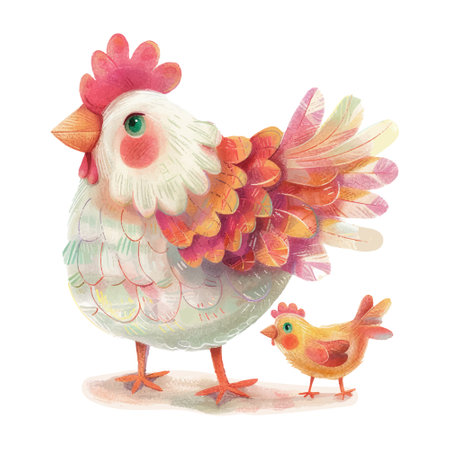 Cute watercolor illustration of a rooster with a chick.のイラスト素材