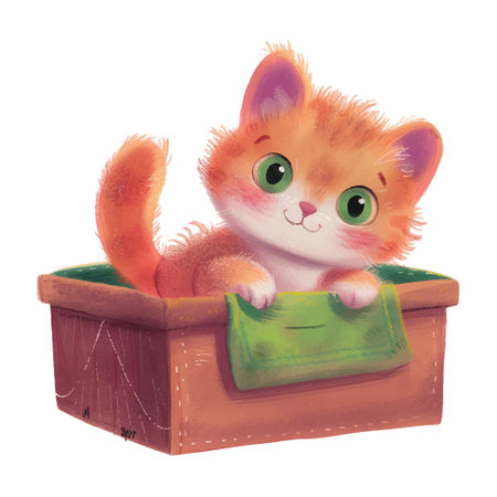 Cute red kitten in a wooden box on a white background.のイラスト素材