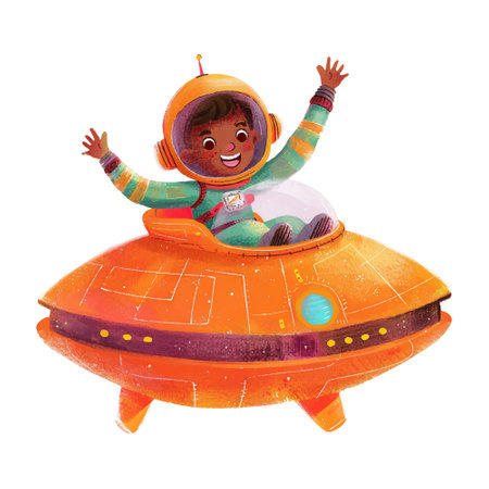 Cute little girl in a space suit flying in an orange spaceshipのイラスト素材