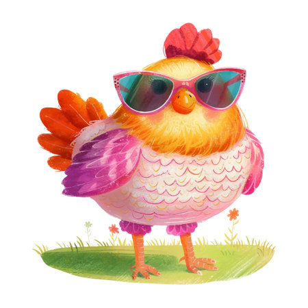Cute cartoon chicken in sunglasses isolated on white background. Watercolor illustration.のイラスト素材