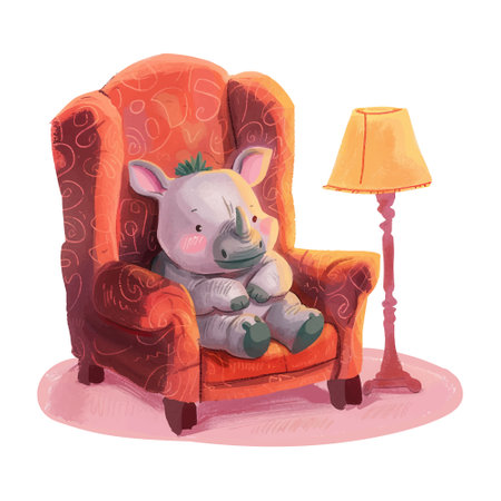 Watercolor illustration of a cute baby rhinoceros sitting in an armchair with a lamp.のイラスト素材