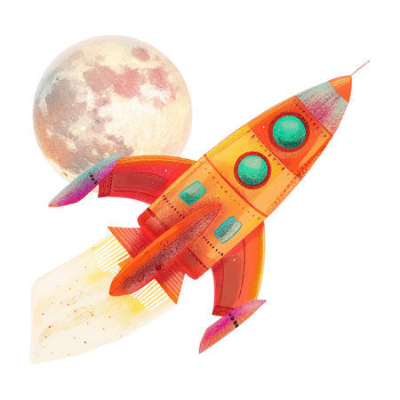 Watercolor space rocket with planets on a white background. Hand drawn illustrationのイラスト素材