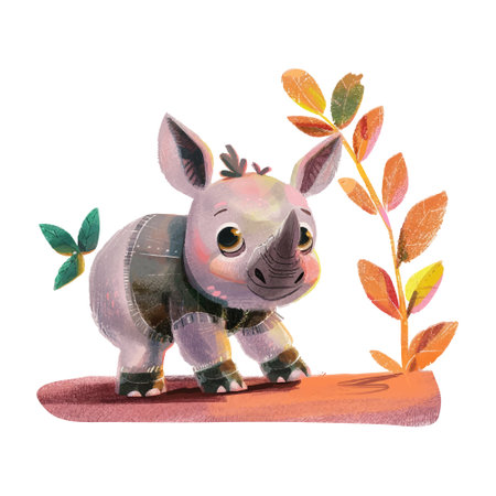Watercolor illustration of a cute rhinoceros with leaves.のイラスト素材