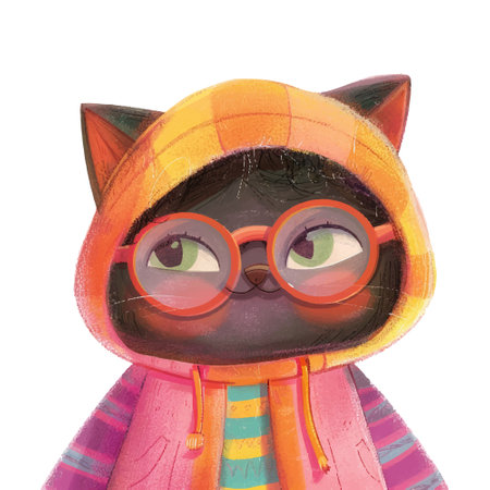 Cute cat with glasses and scarf isolated on white background. Hand drawn illustration.のイラスト素材