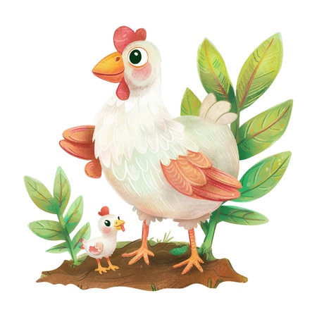 Cute cartoon chicken and chick. Watercolor illustration isolated on white background.のイラスト素材