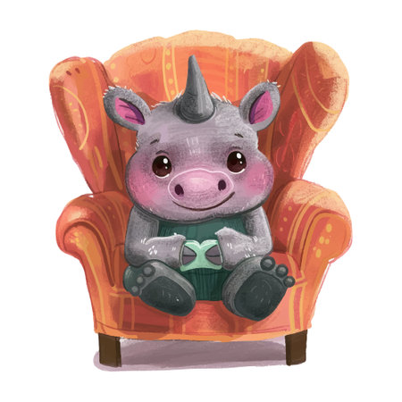 Cute cartoon hippo sitting in armchair. Watercolor illustration.のイラスト素材