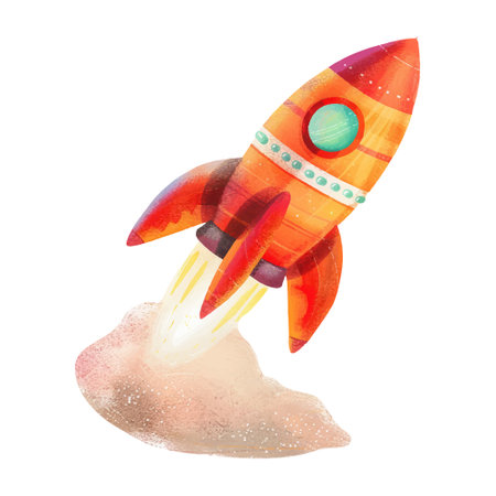 Watercolor rocket on white background. Hand drawn illustration. Vector.のイラスト素材
