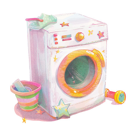 Watercolor illustration of a washing machine with plastic cups and slippersのイラスト素材