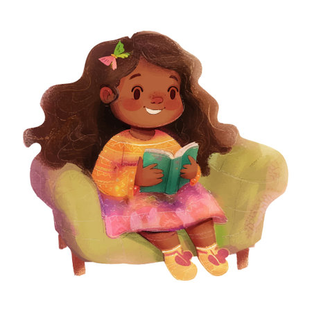 Cute african american girl reading a book. Vector illustration.のイラスト素材