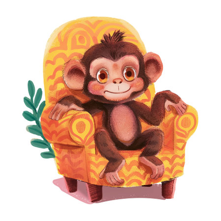 Cute cartoon monkey sitting in armchair. Watercolor illustration.のイラスト素材