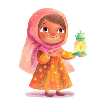 Cute arabic girl with lantern. Watercolor illustration.のイラスト素材