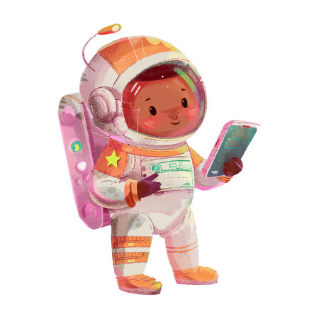 Cute cartoon astronaut in space suit with a tablet. Vector illustration.のイラスト素材