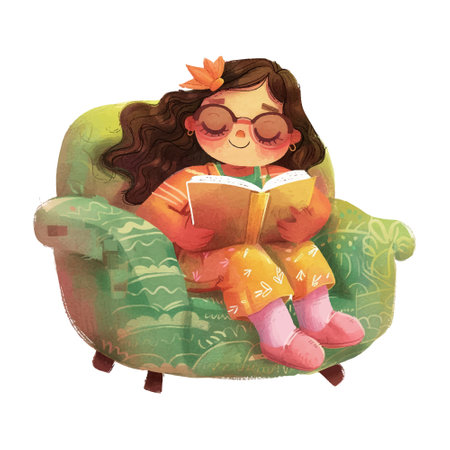 Illustration of a cute little girl reading a book on an armchairのイラスト素材