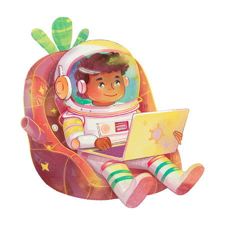 Illustration of a cute little boy in an astronaut costume working on a laptopのイラスト素材