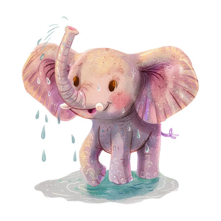 Cute pink elephant in a puddle. Watercolor illustration.のイラスト素材