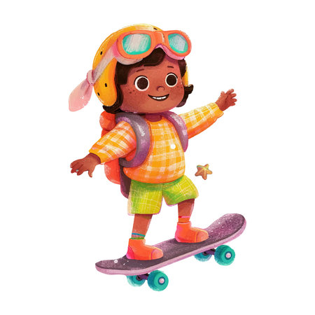 Illustration of a Cute Little Girl Riding a Skateboardのイラスト素材
