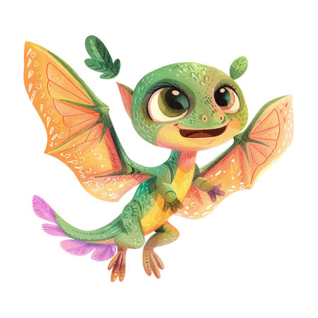 Watercolor illustration of a cute green frog with wings and leaves.のイラスト素材