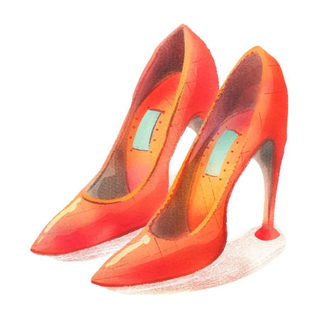 Watercolor illustration of a pair of red high heel women shoes.のイラスト素材