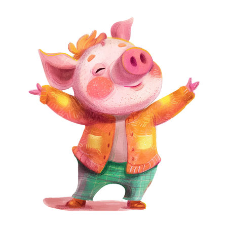 Watercolor illustration of a funny pig in a green jacket. Isolated on white background.のイラスト素材