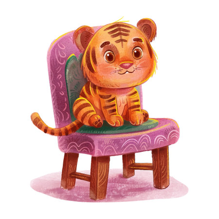 Cute cartoon tiger sitting on a chair. Watercolor illustration.のイラスト素材