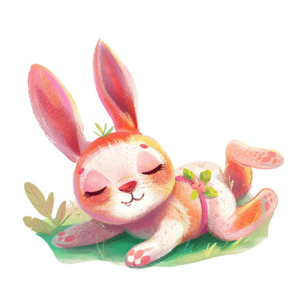Cute cartoon rabbit lying on the grass. Hand drawn watercolor illustrationのイラスト素材