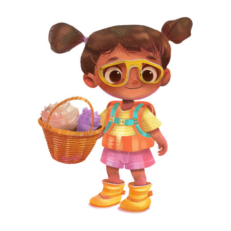 Cute little girl with a basket of Easter eggs. Watercolor illustration.のイラスト素材