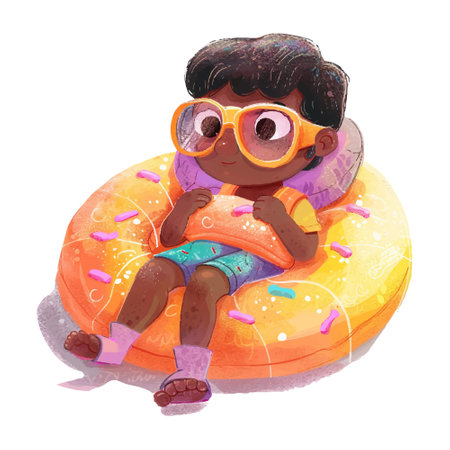 Cute little African American boy in a swimsuit and sunglasses sitting on an inflatable donut.のイラスト素材