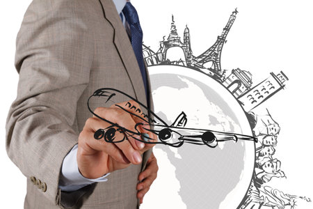 businessman hand draws dream travel around the worldの写真素材