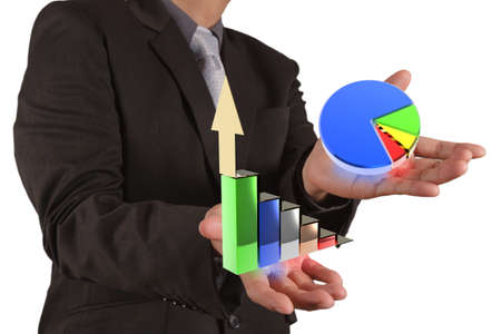 businessman hand drawing a pie chart and 3d graphの写真素材
