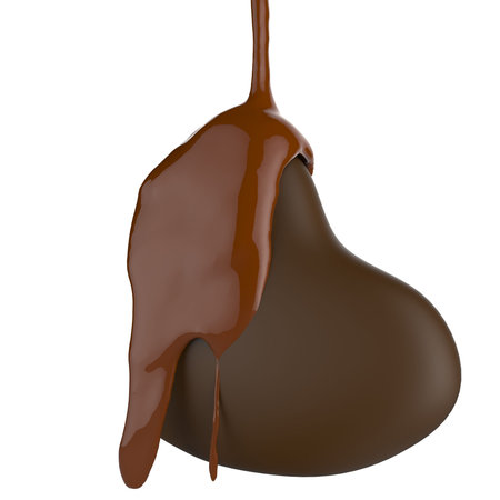 close up chocolate syrup leaking over heart shape symbol on white backgroundの写真素材