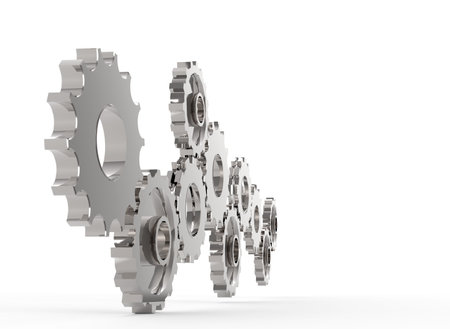 Metal polished gears. 3d image. Isolated white background.の写真素材