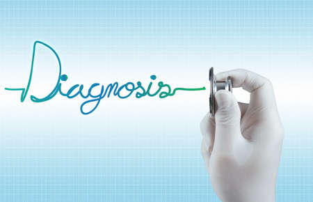 Stethoscope in hand with patient word as medical conceptの写真素材