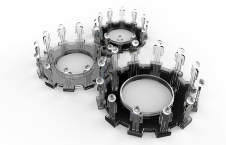 Model of 3d figures on connected cogs as leadership conceptの写真素材