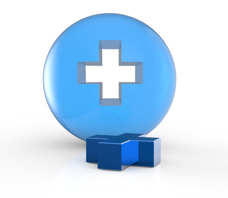 scientist doctor hand shows virtual first aid sign in the labの写真素材