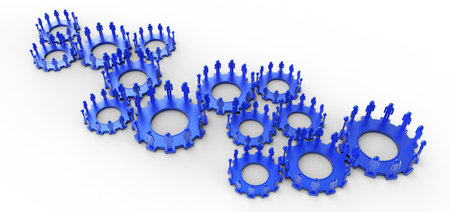 Model of 3d figures on connected cogs as industry concept