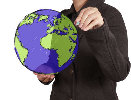 businessman hand drawing abstract globe on virtual screenの写真素材