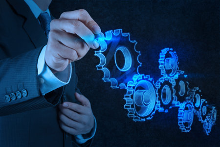 businessman hand draws gear to success concept